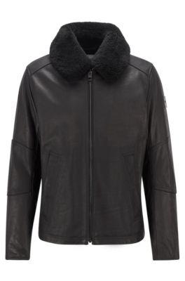 hugo boss leather jacket fur collar