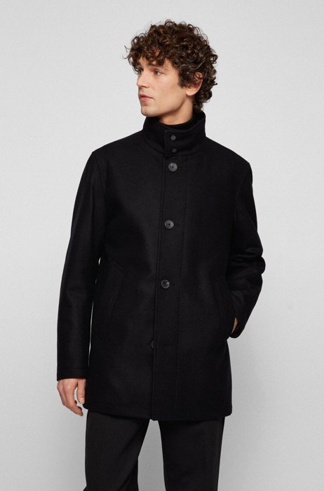 Regular-fit car coat in a wool blend, Black