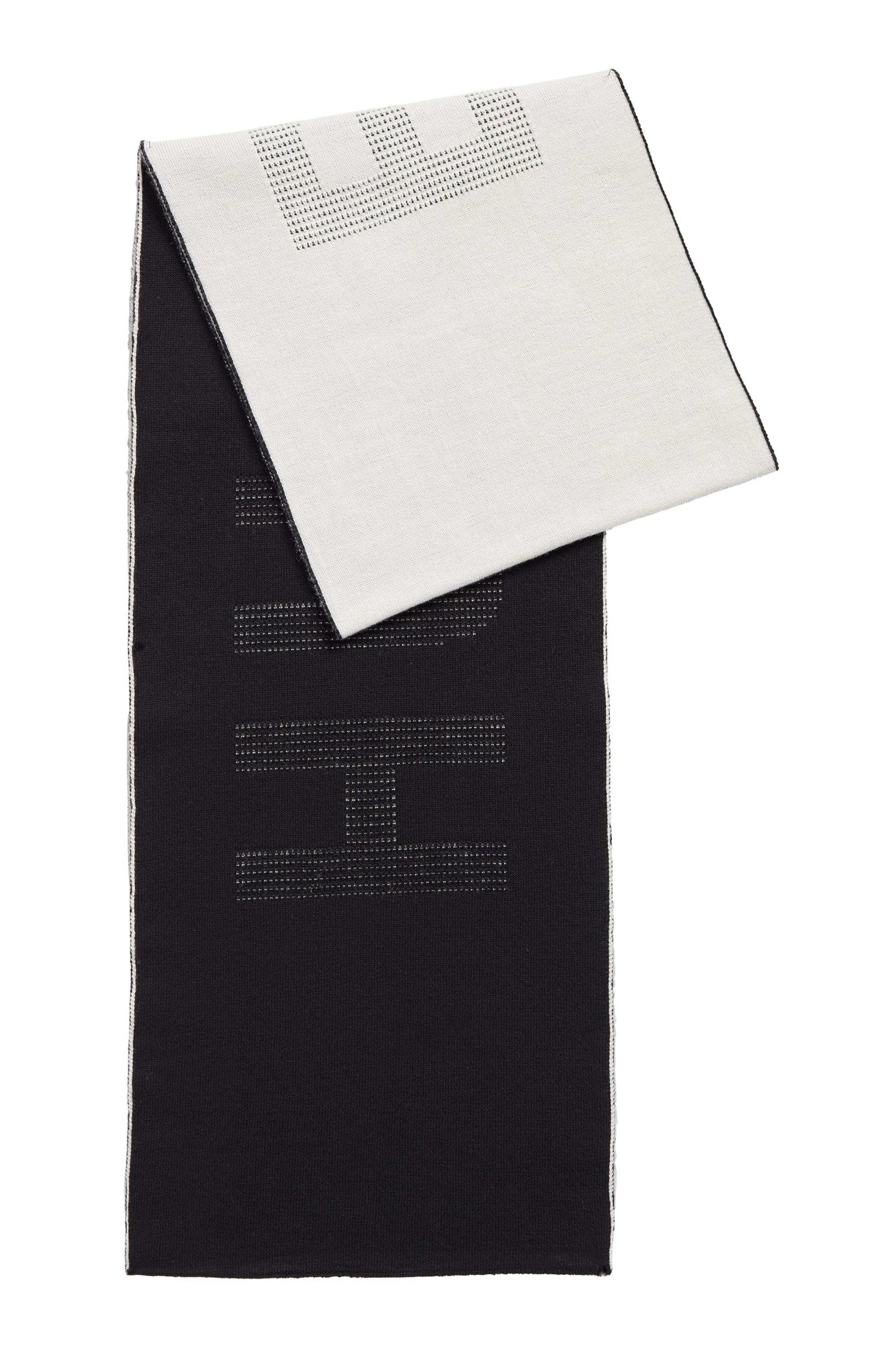 Two-colored scarf in virgin wool with logo intarsia, Black