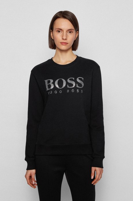 French-terry sweatshirt with crystal-filled logo, Black