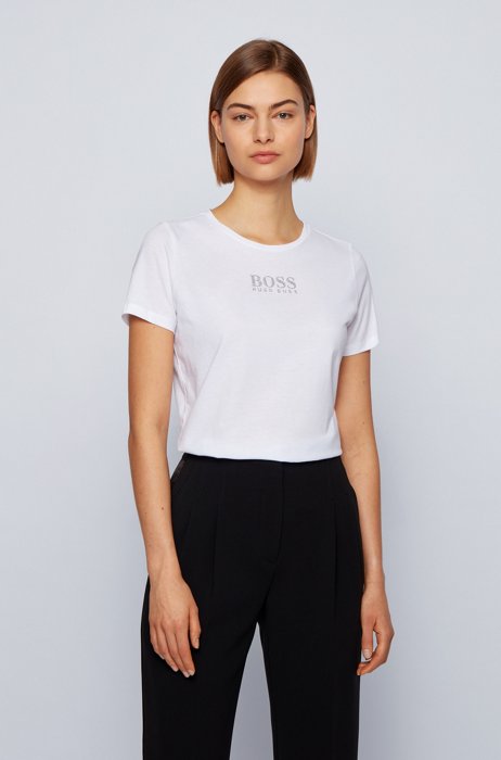 T-shirt a girocollo in cotone biologico con logo in cristallo, Bianco