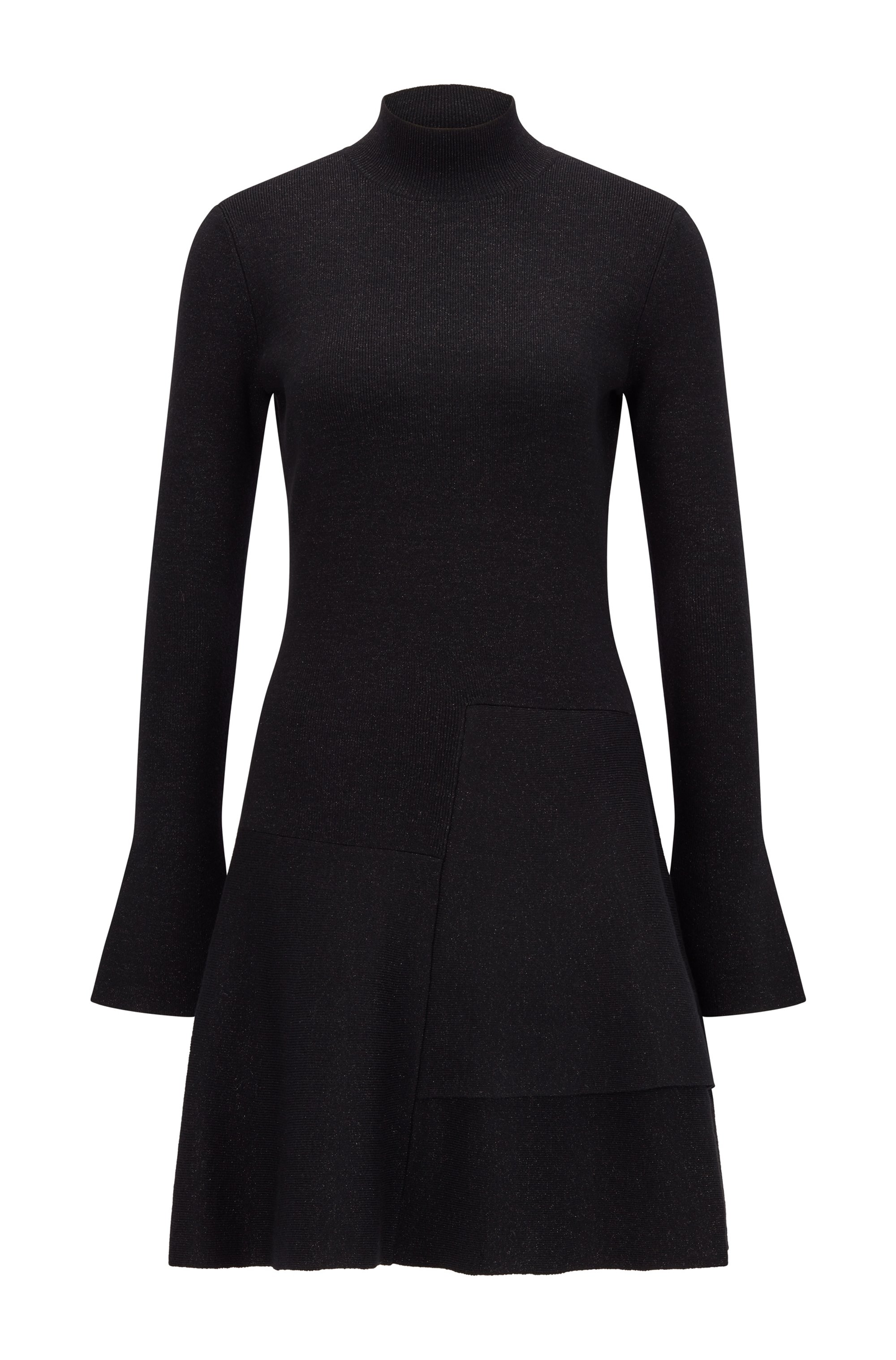 Nauwsluitende en uitlopende gebreide jurk van een glinsterende wolmix, Zwart