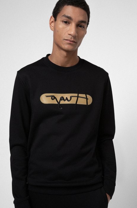 Baumwoll-Sweatshirt aus French Terry mit Logo-Stickerei der neuen Saison, Schwarz