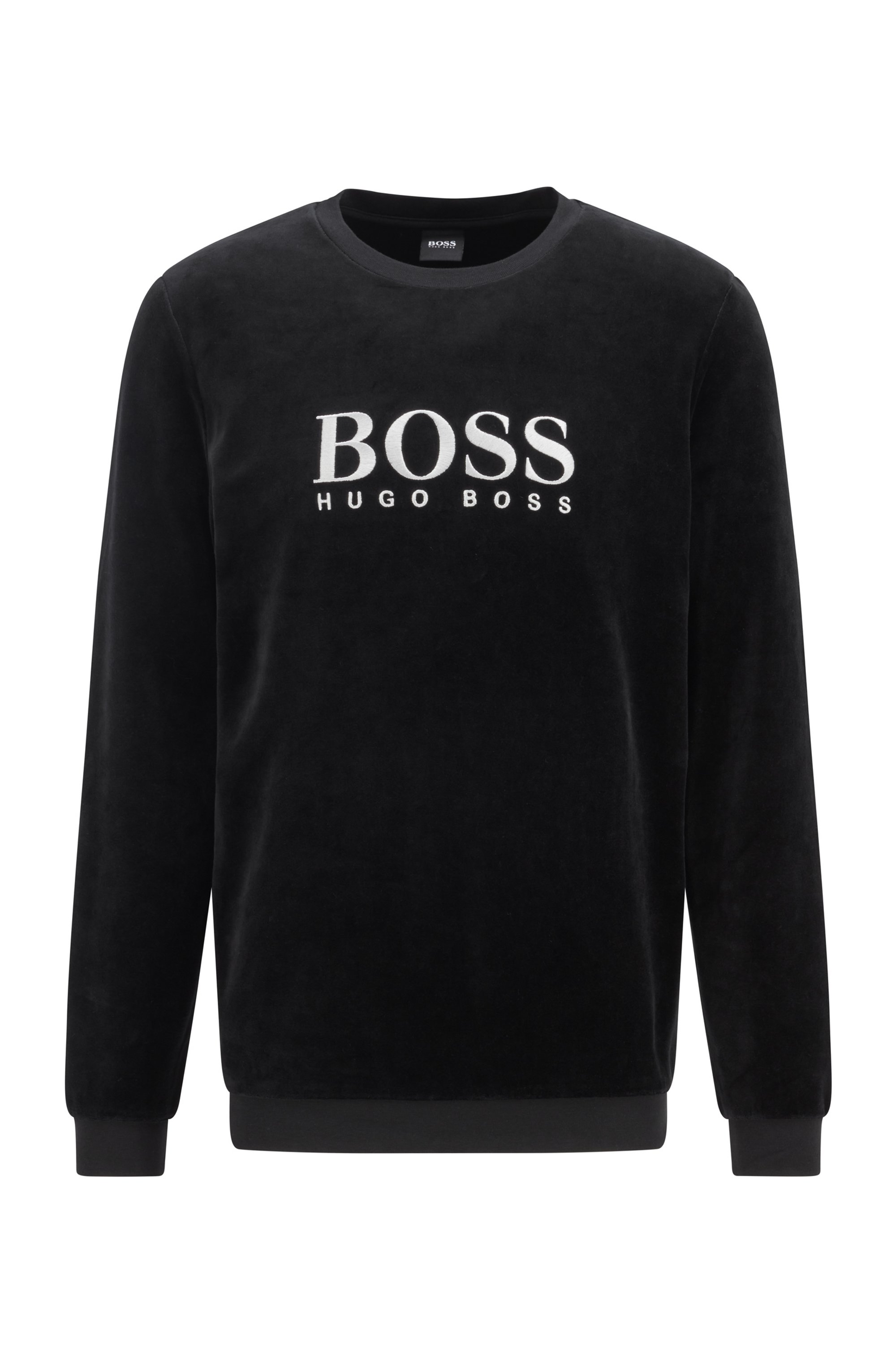 Loungewear-Sweatshirt aus Baumwoll-Mix-Velours mit Logo-Stickerei, Schwarz