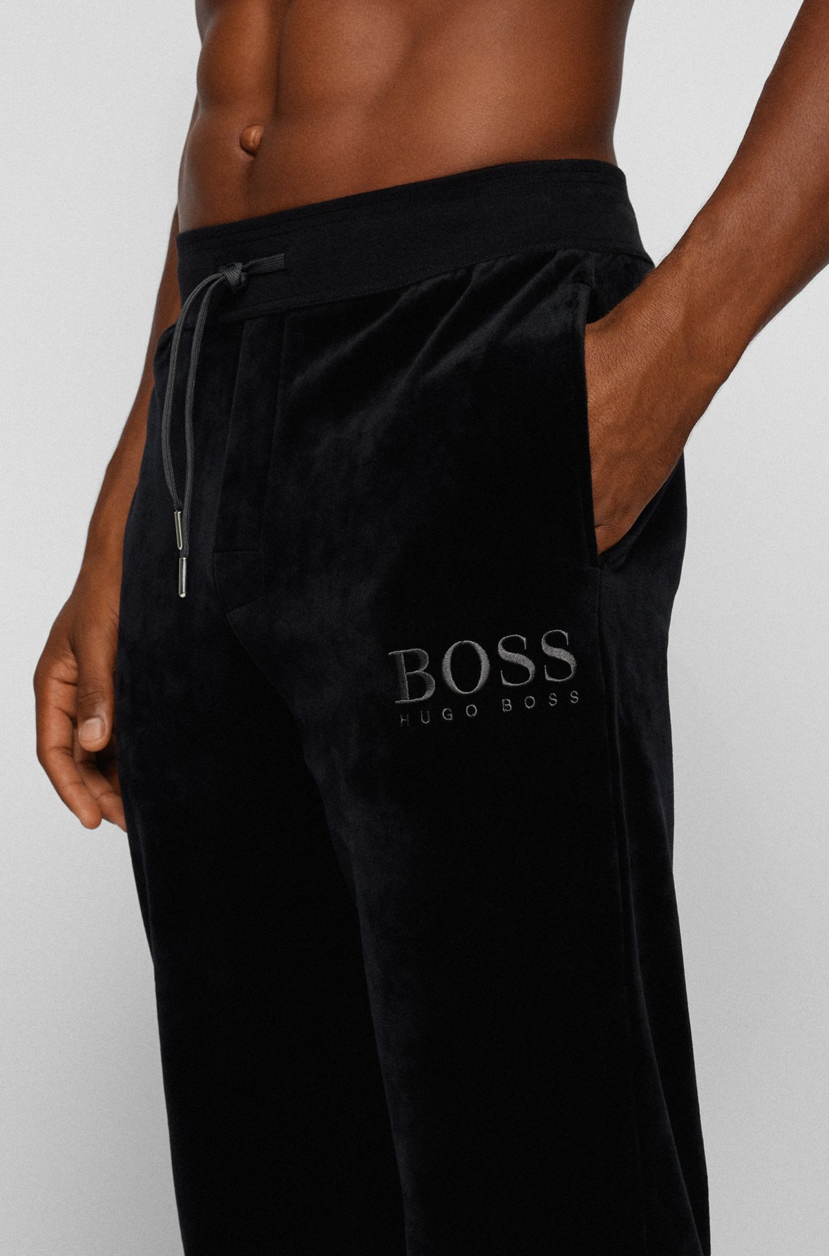 Loungewear pants in cotton-blend velour with logo embroidery, Black