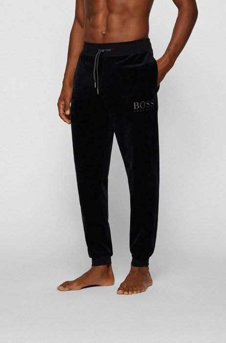 Loungewear trousers in cotton-blend velour with logo embroidery, Black