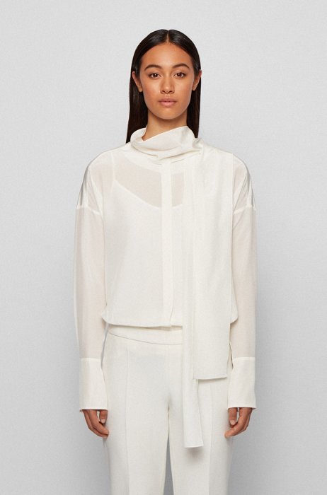 Relaxed-Fit Bluse aus gewaschener Seide mit Bindeband am Ausschnitt, Weiß