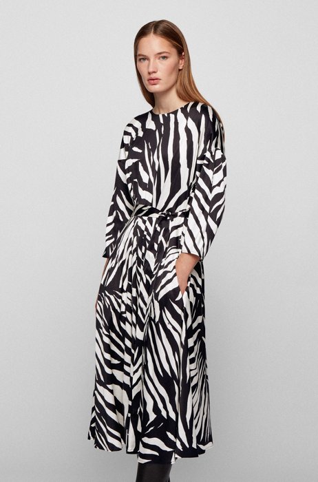 Kleid mit Zebra-Print und Textilgürtel in Wickel-Design, Gemustert
