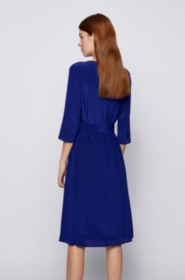 Boss Belted Silk Dress With Pleated Neckline