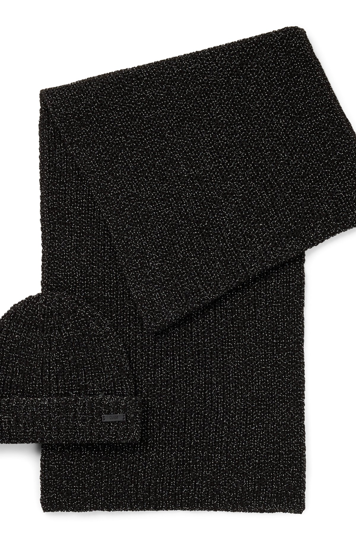 Beanie hat and scarf set in metallised fabric, Black