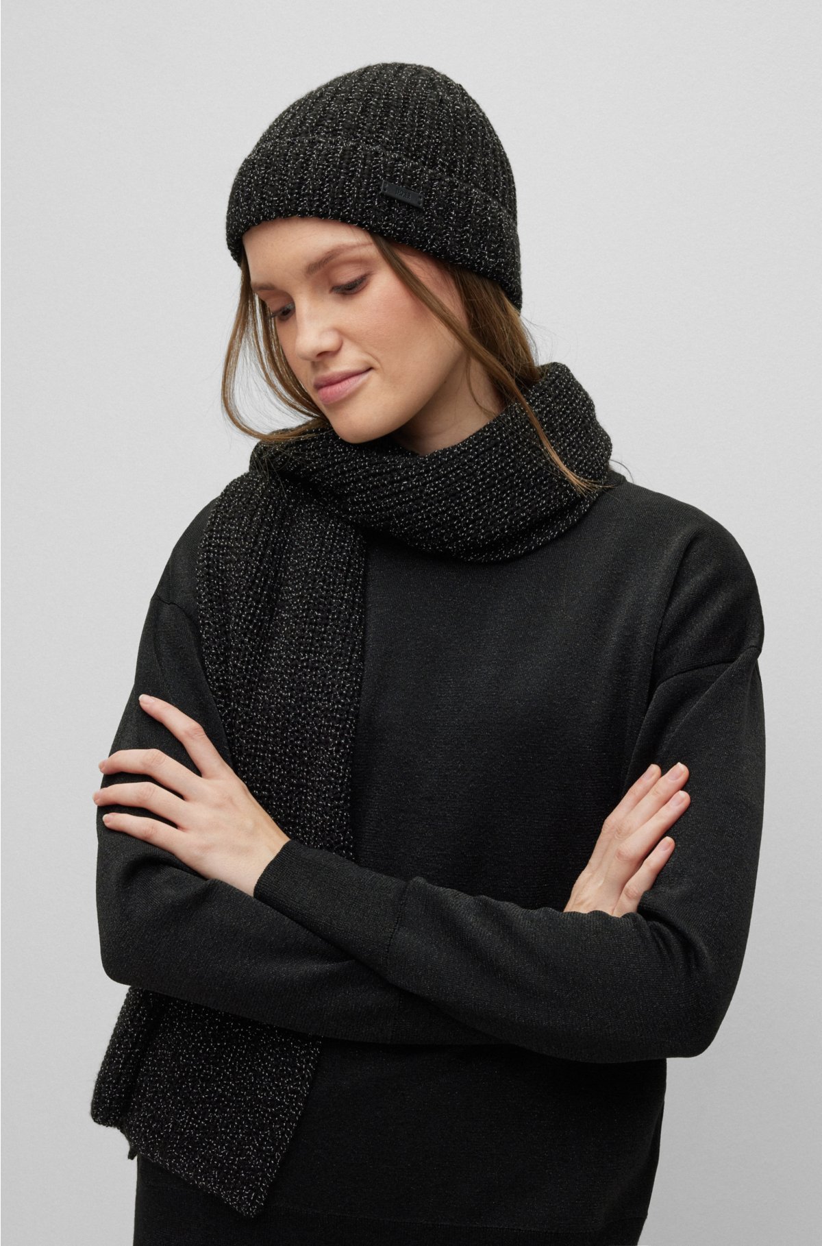 BOSS - Beanie hat and scarf set in metallised fabric