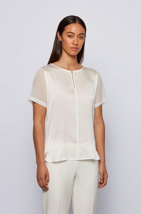Mixed-material top with hardware-trim keyhole neckline, White