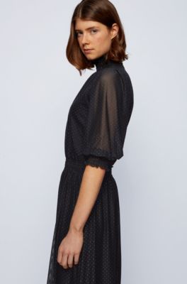 Boss Gepunktetes Tull Kleid Mit Langen Armeln Und Gesmokten Details 