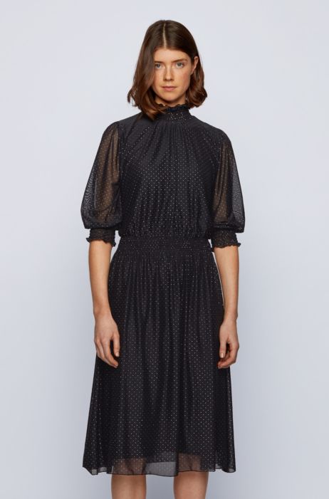 Boss Gepunktetes Tull Kleid Mit Langen Armeln Und Gesmokten Details 