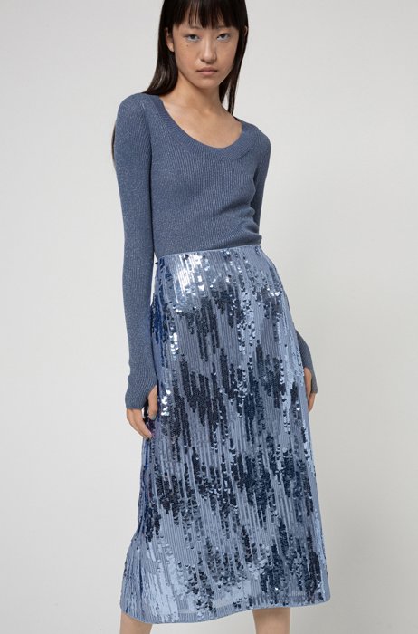 Sequinned midi skirt with high-rise waistband, Blue