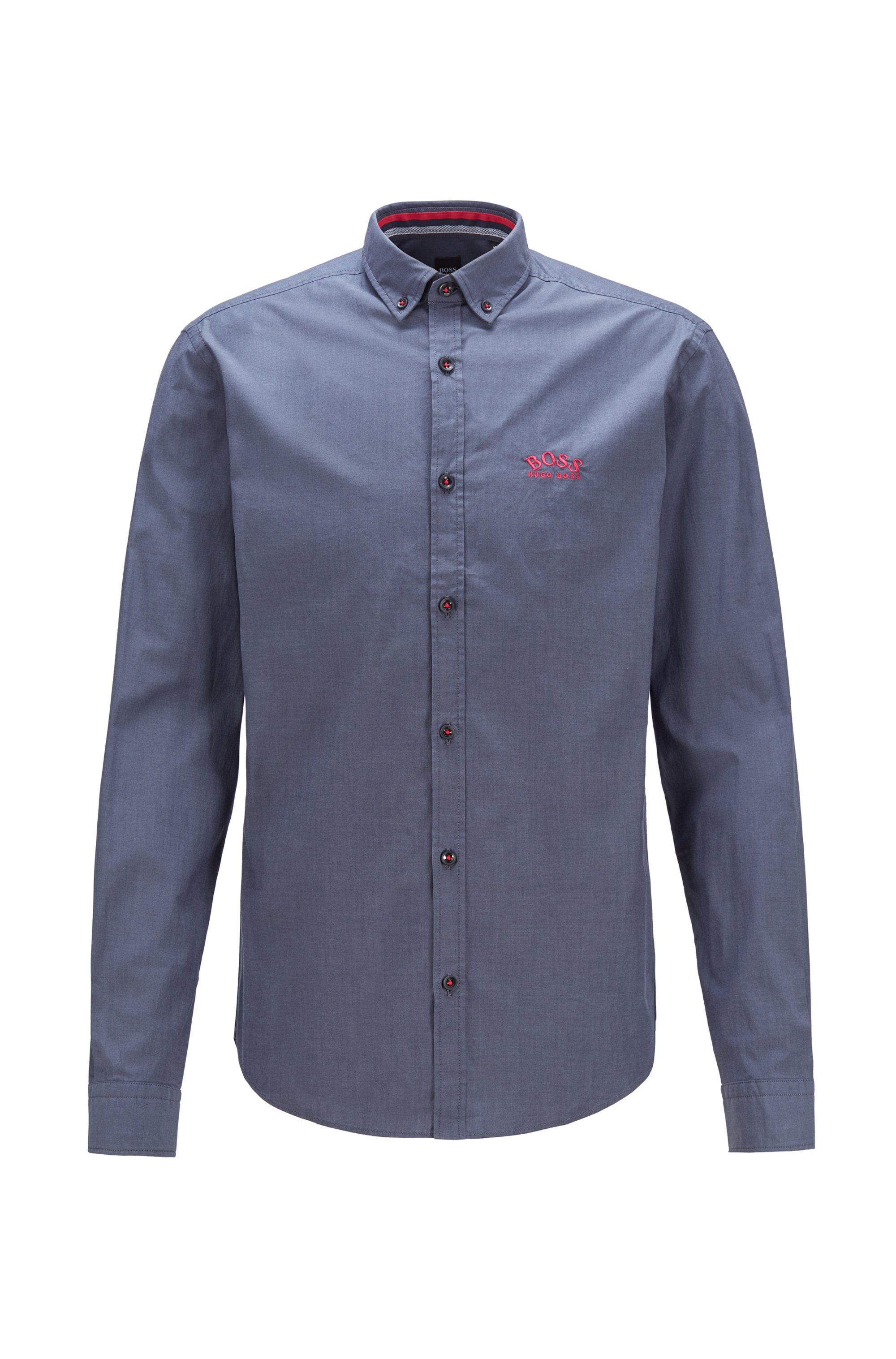 Chemise Regular Fit en popeline de coton stretch, avec col à pointes boutonnées, Bleu foncé