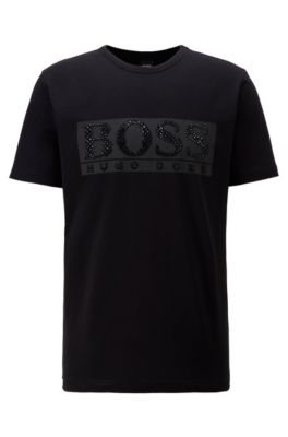 BOSS - Stretch-cotton T-shirt with rhinestone logo