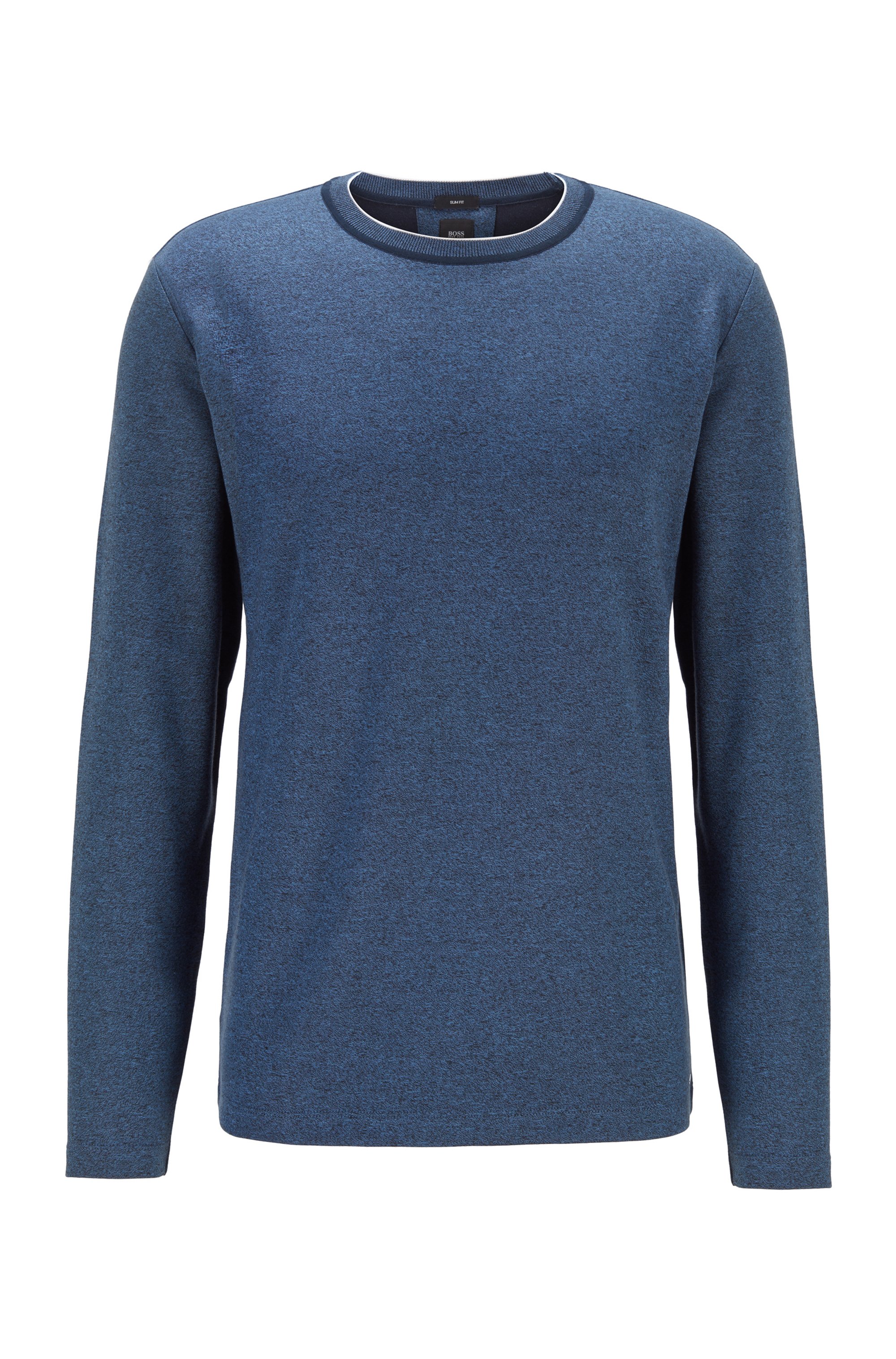 Slim-fit T-shirt in mouliné cotton with long sleeves, Dark Blue