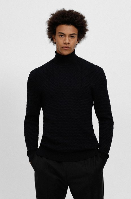 Turtleneck cotton sweater with jacquard-knitted structure, Black