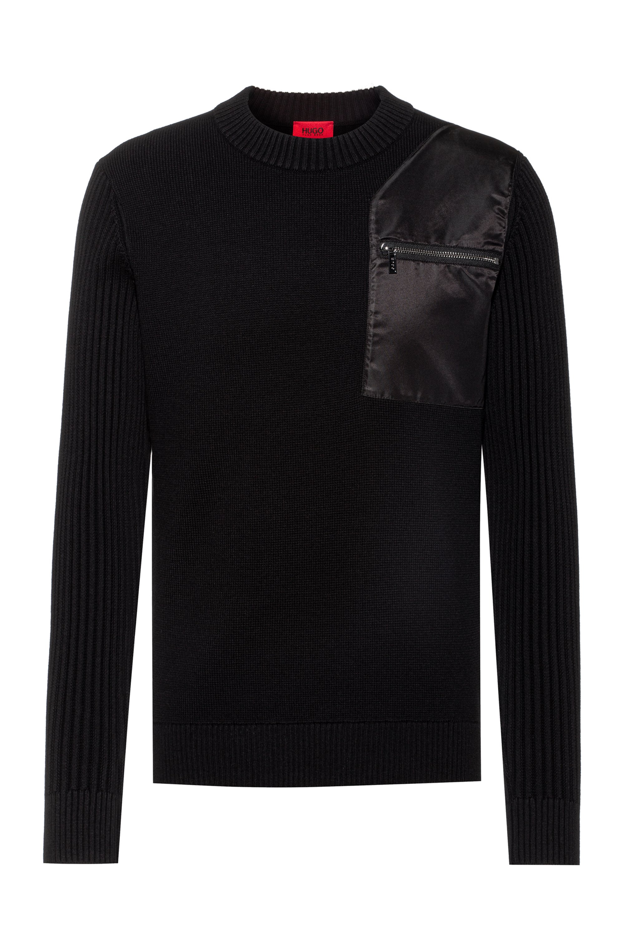 Jersey en mezcla de algodón con bolsillo y parche en contraste, Negro