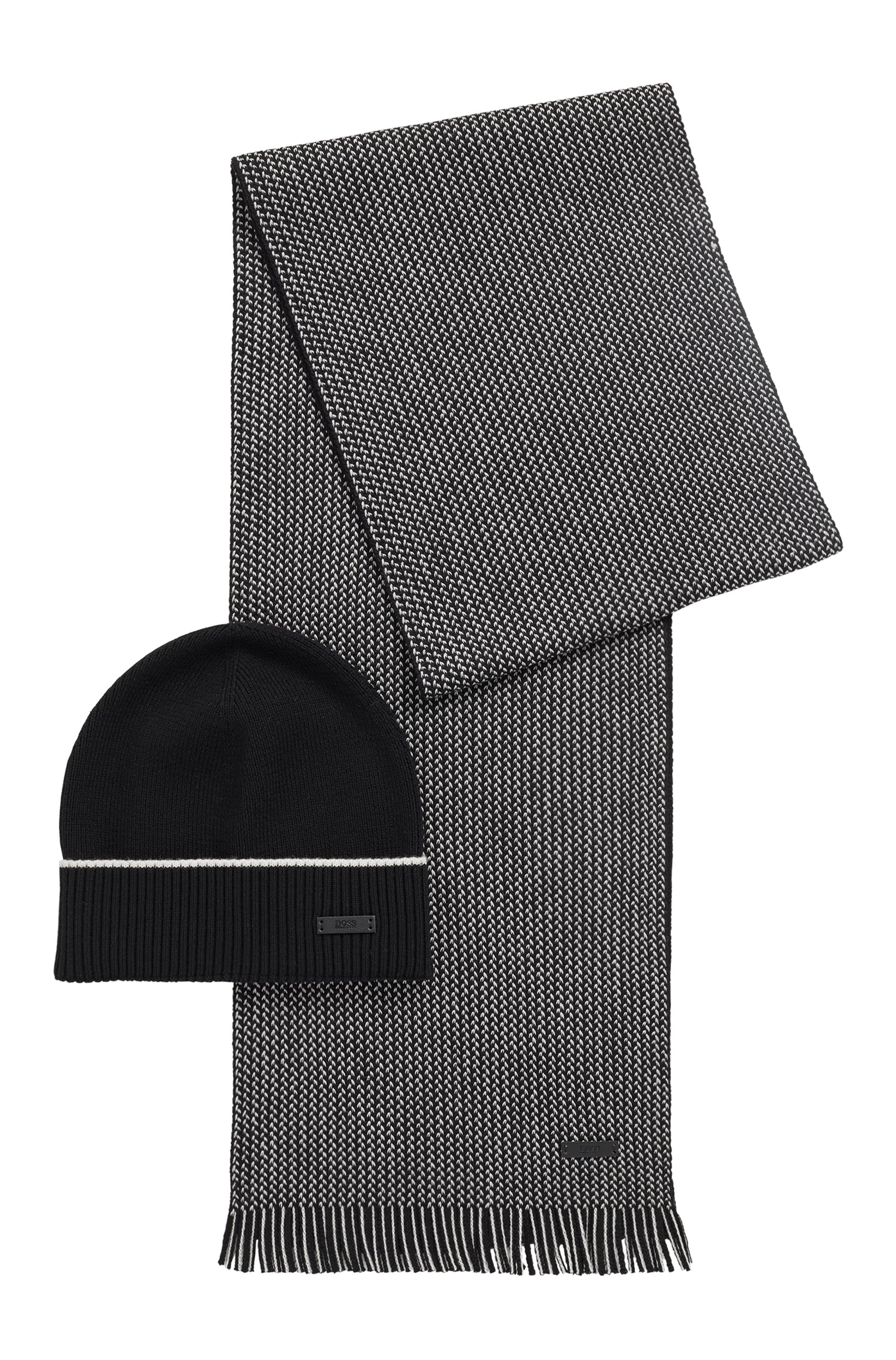 Set mit Mütze und zweifarbigem Schal aus Schurwolle, Schwarz