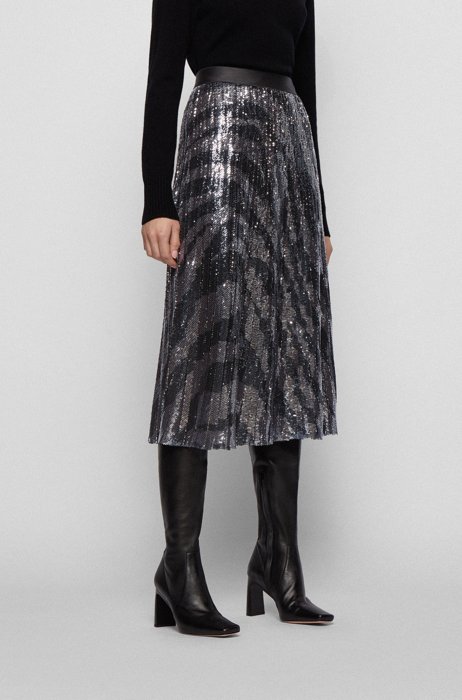 Sequinned midi-length skirt in zebra-print plissé fabric, Patterned