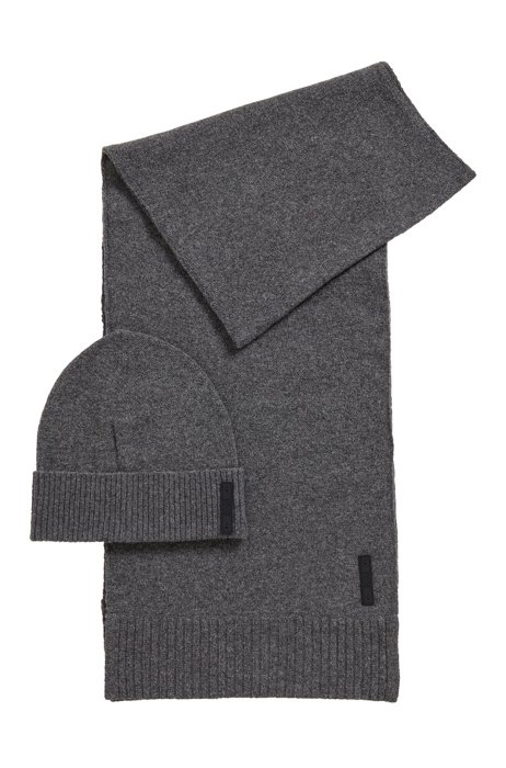 Beanie hat and scarf set in a wool blend, Grey