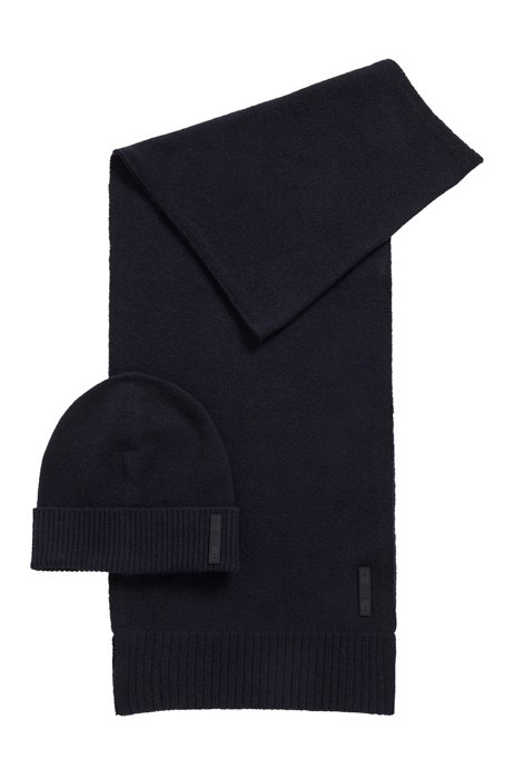 Beanie hat and scarf set in a wool blend, Dark Blue
