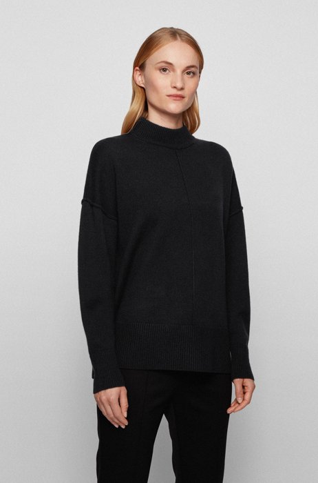 Relaxed-fit sweater in pure cashmere with mock neck, Black