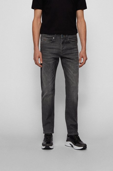 Black super-stretch tapered-fit jeans with iridescent trims, Dark Grey