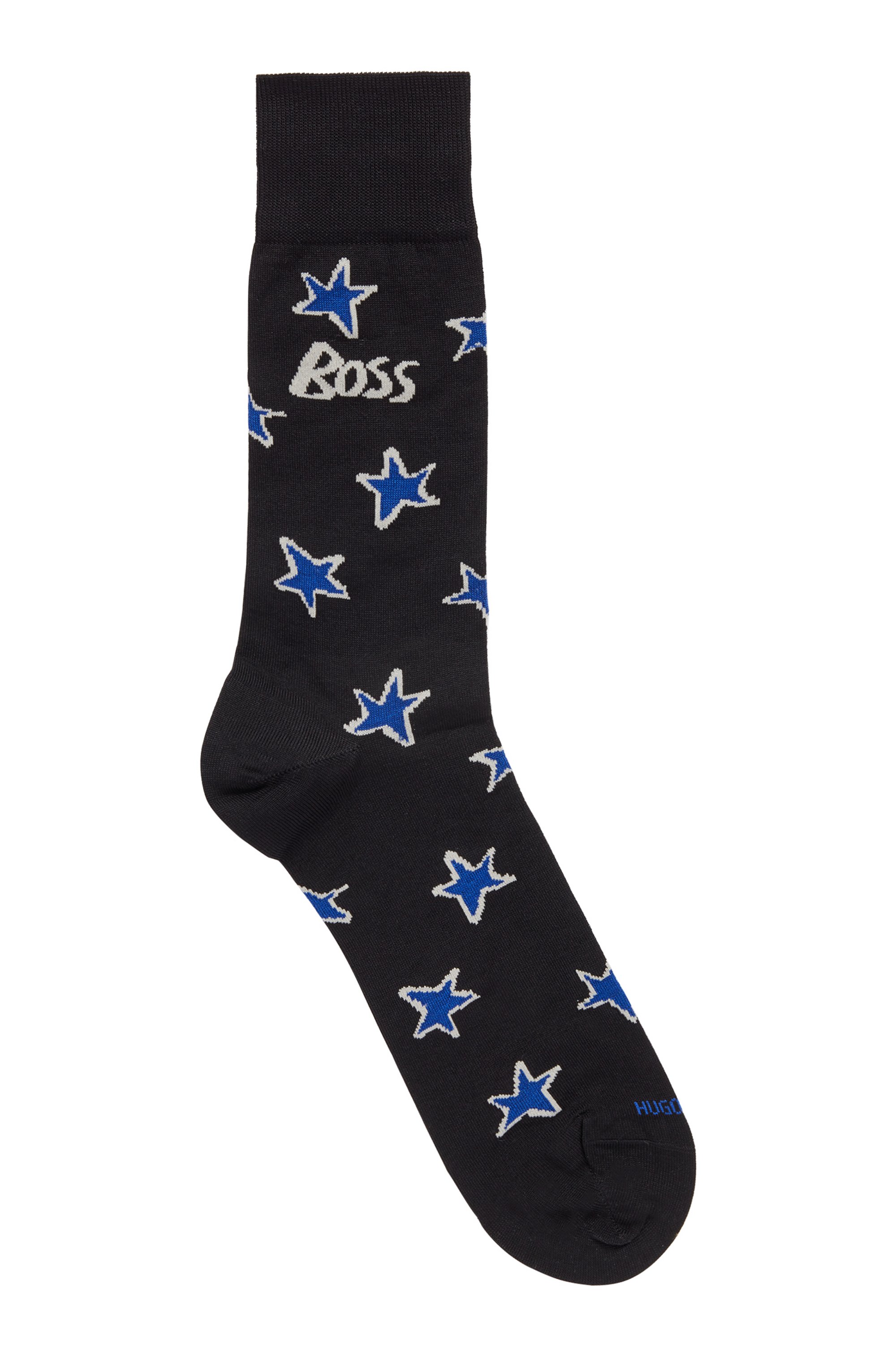 Mercerised-cotton-blend socks with stars and logos, Black