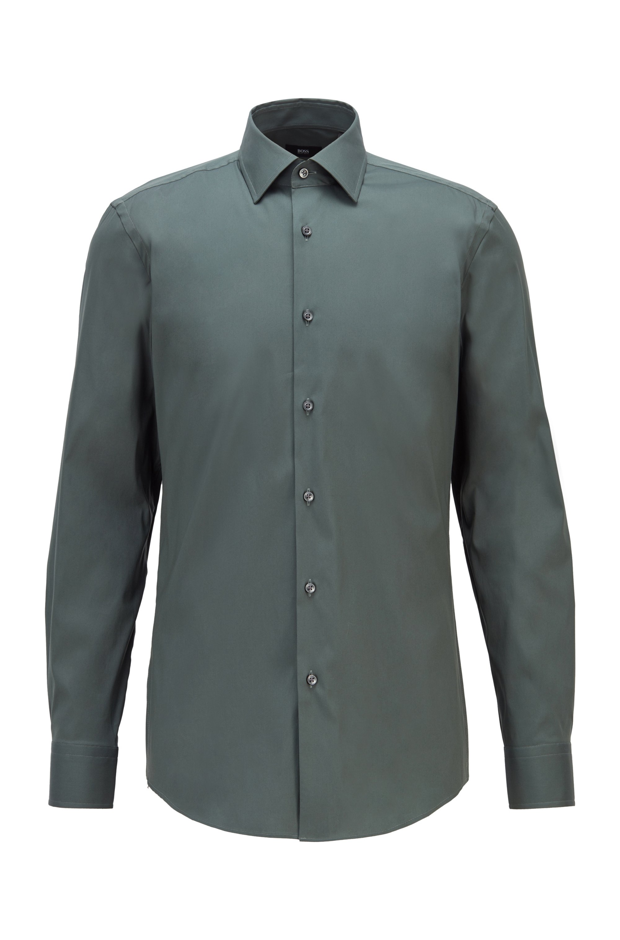 Camisa slim fit de popelín en mezcla de algodón con elástico, Verde oscuro