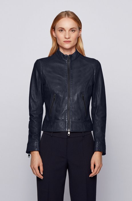 Regular-fit jacket in nappa leather with zip details, Dark Blue