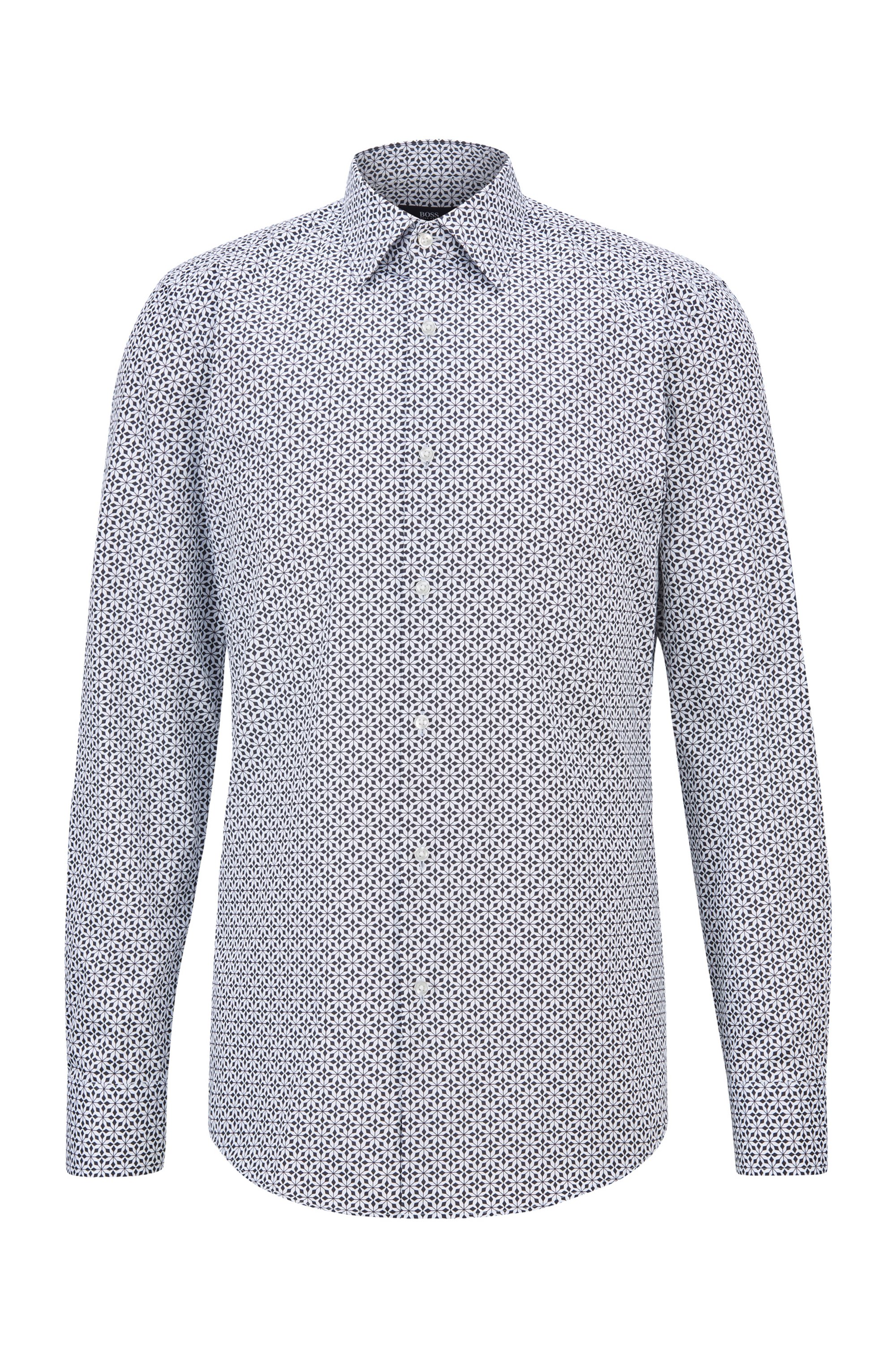Camicia slim fit in raso di cotone italiano con stampa geometrica, Bianco