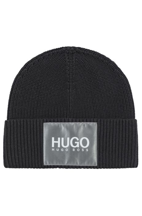 HUGO - Cotton-blend beanie hat reflective logo badge