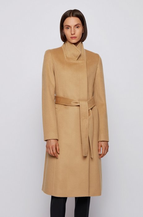Belted coat in Italian virgin wool with zibeline finish, Light Brown