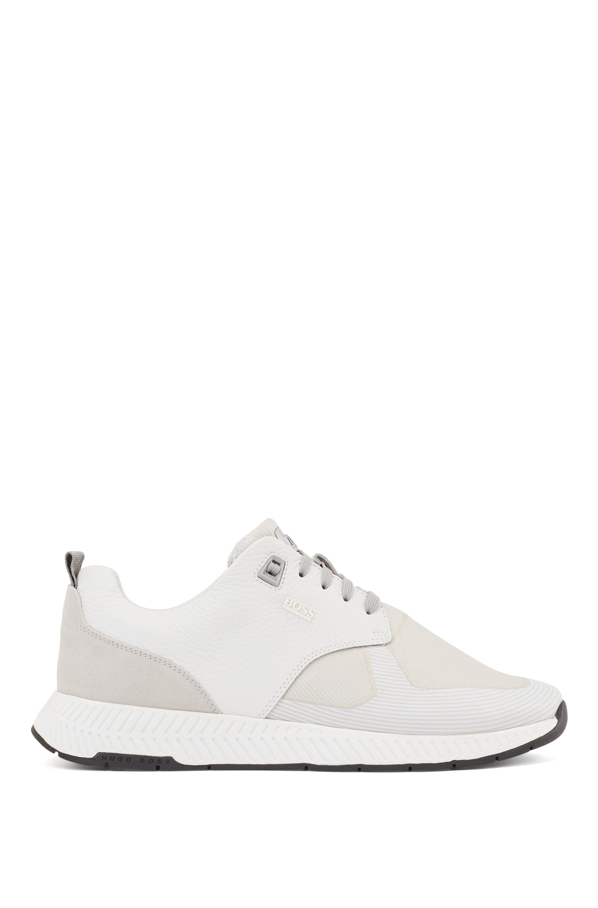 Hybrid trainers with grained-leather and jacquard-woven facings, White