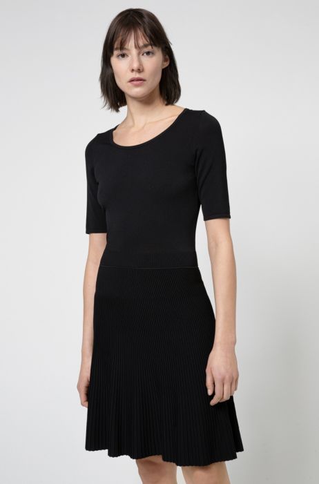 Hugo Knitted Fit And Flare Dress With Plisse Skirt 