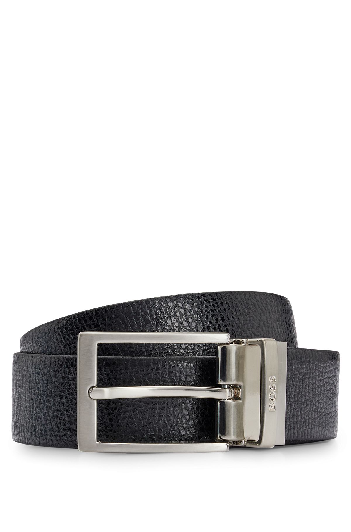 Reversible belt in Italian leather with branded keeper, Black