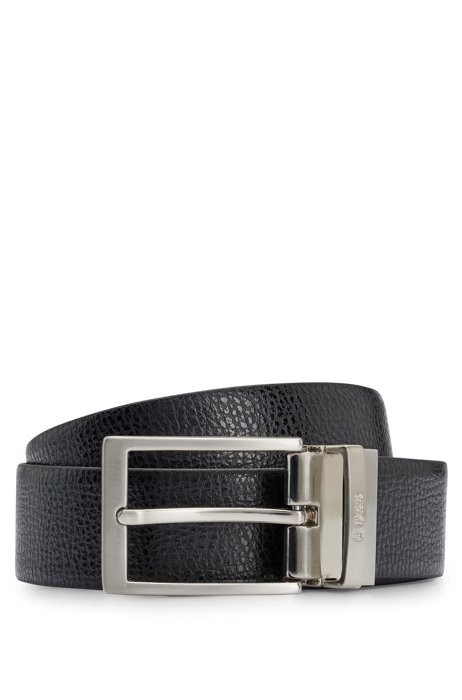 Reversible belt in structured and smooth Italian leather, Black