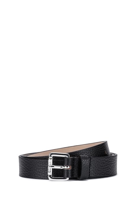 Grained Italian leather belt with roller buckle, Black