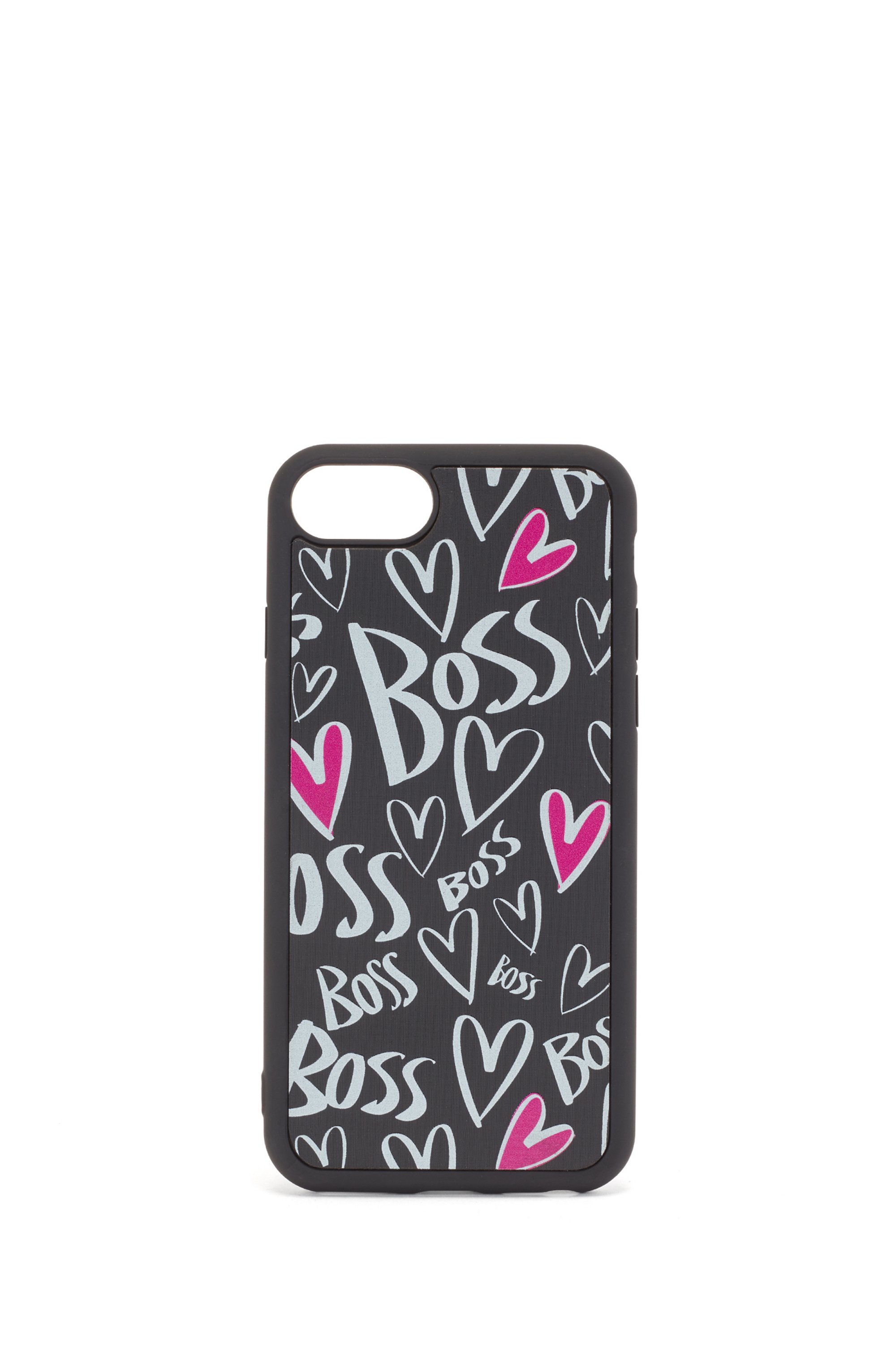 iPhone case with printed hearts and logos, Black