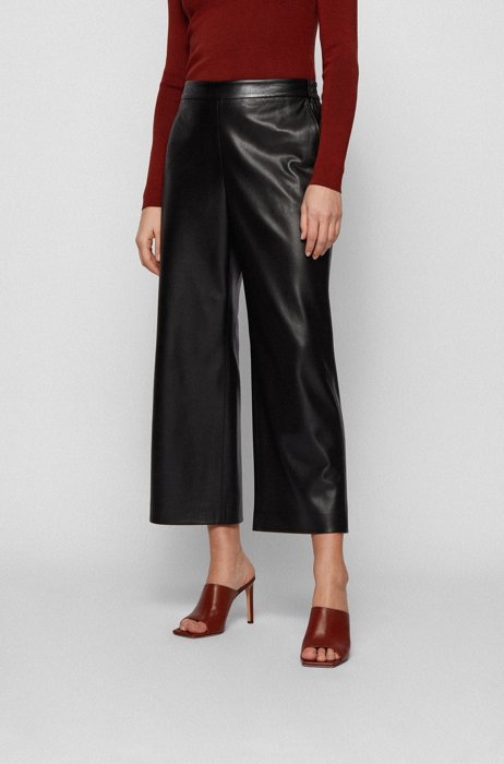 Cropped regular-fit trousers in coated faux leather, Black