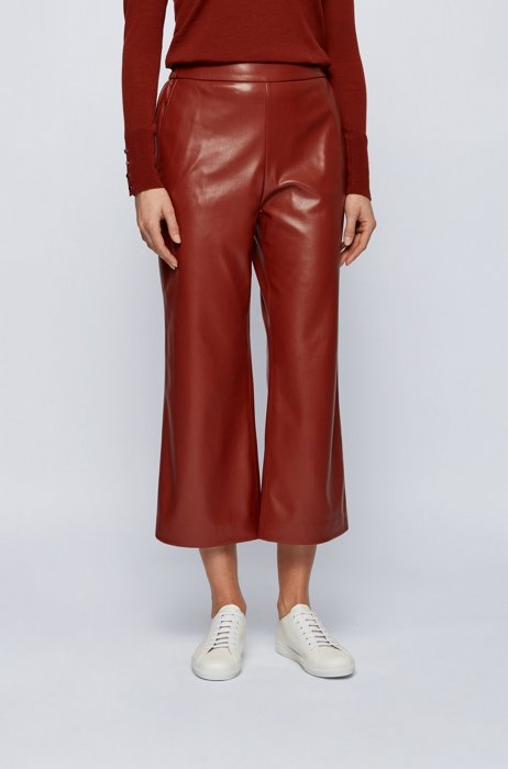 Cropped regular-fit trousers in coated faux leather, Brown