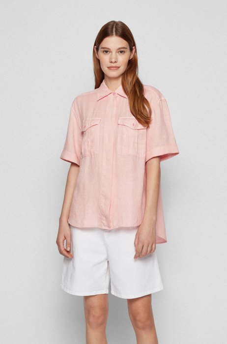 Short-sleeved linen blouse with chest pockets, light pink