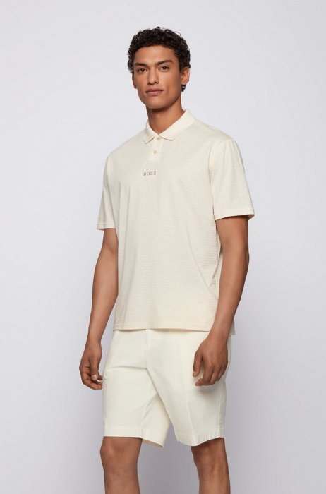 Relaxed-fit striped polo shirt in cotton and hemp, Light Beige