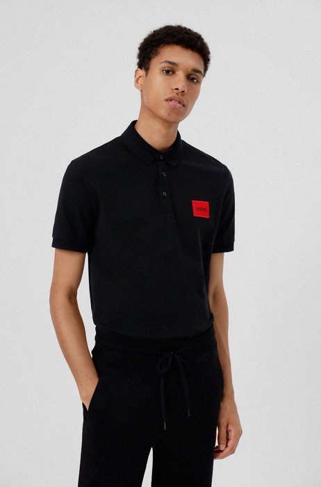 Slim-fit cotton-piqué polo shirt with logo patch, Black