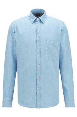 Chemise Regular Fit en pur lin avec étiquette logo