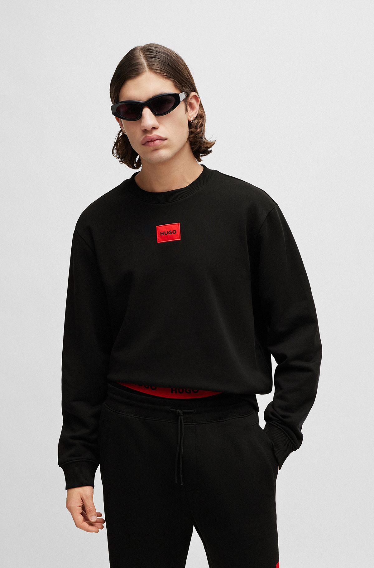 Regular-fit sweater van katoenen badstof met logolabel, Zwart
