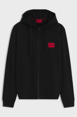 Felpa con cappuccio in terry di cotone con zip ed etichetta con logo, Nero